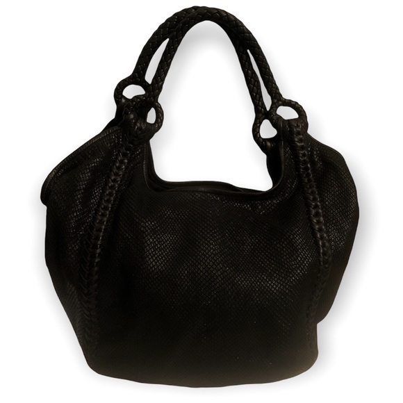 Eli Tahari Black Hobo Shoulder Bag Snakeskin Embossed Leather
